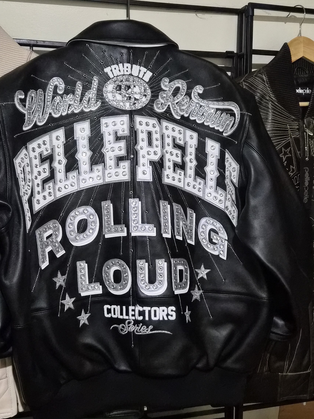 Rock-Inspired Black Leather Jacket with Silver Studded Embroidery